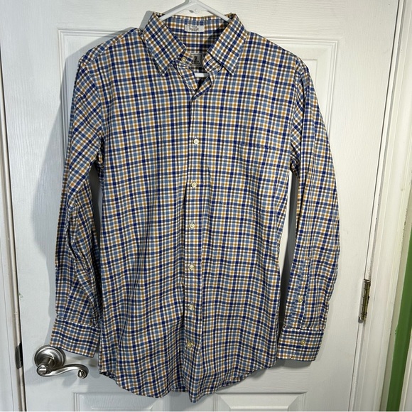 Peter Millar Brown White Blue Check Cotton Long Sleeve Shirt Small. GUC - Picture 1 of 6